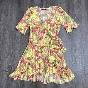 Zara yellow pink floral printed Wrap dress (M)